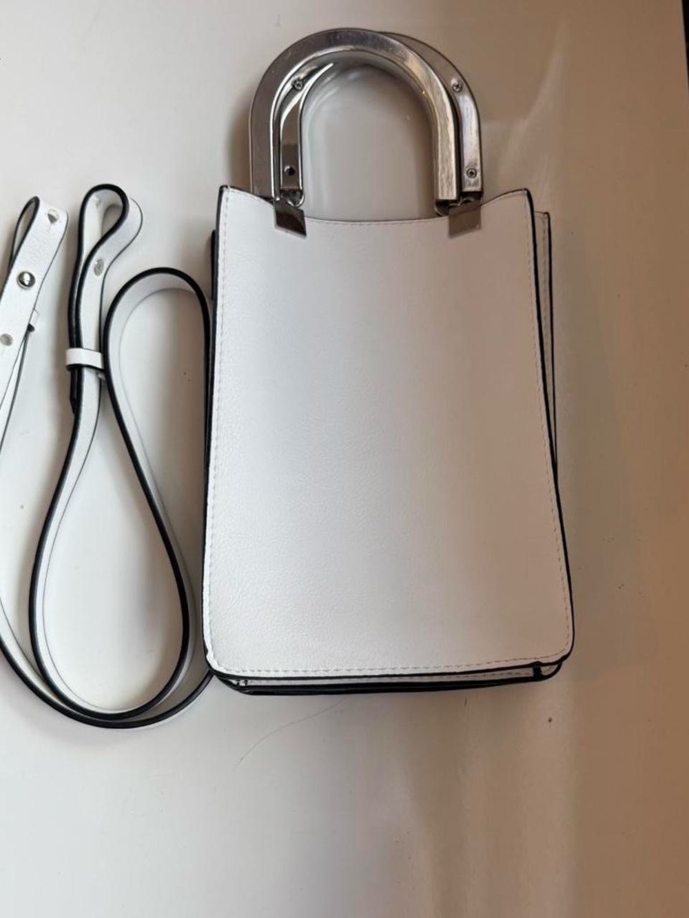 Zara White Crossbody Bag with Silver-Tone Metal Handle and Detachable Strap